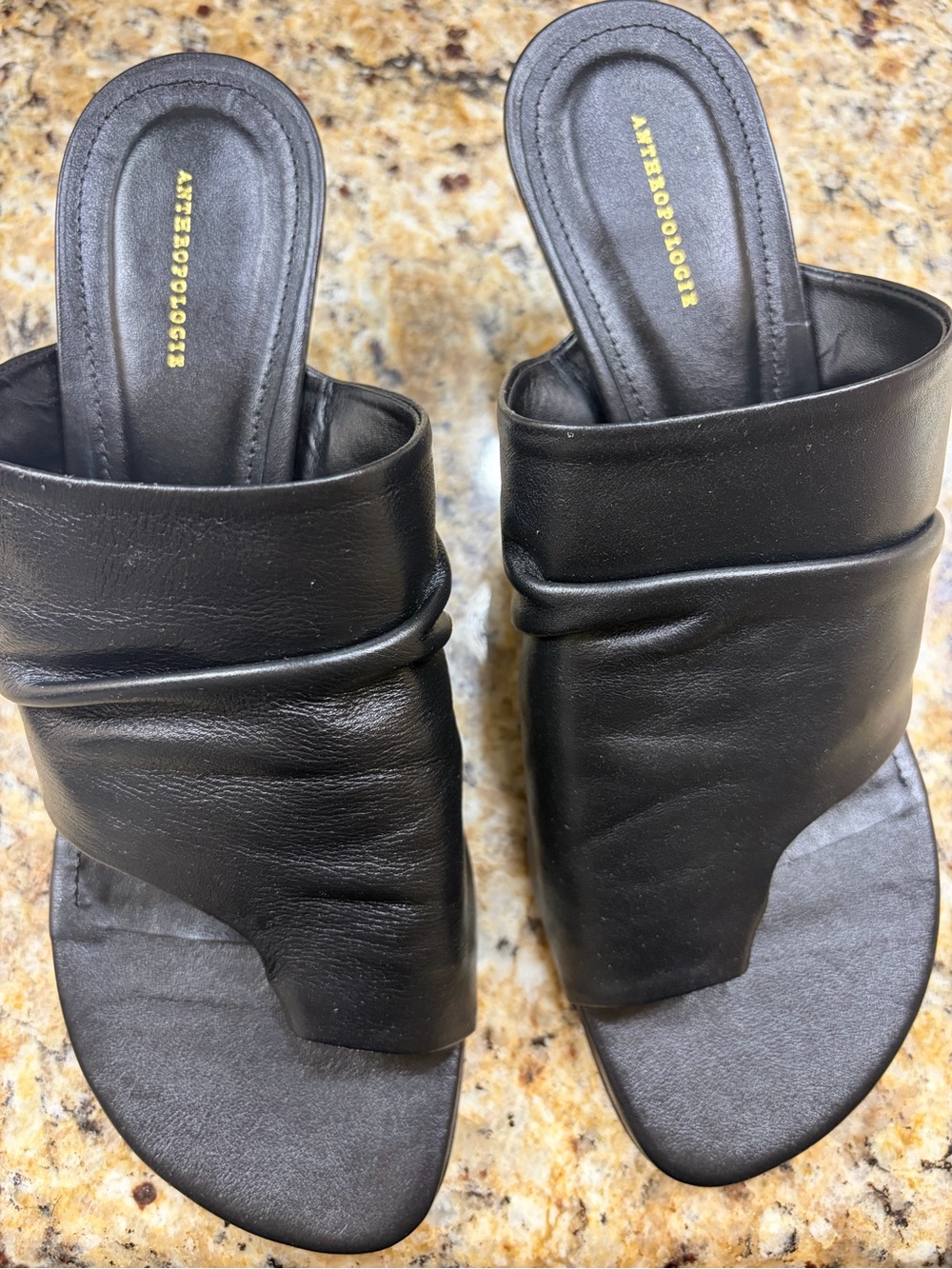 Anthropologie Toe-Loop Black Leather Scrunch Heel